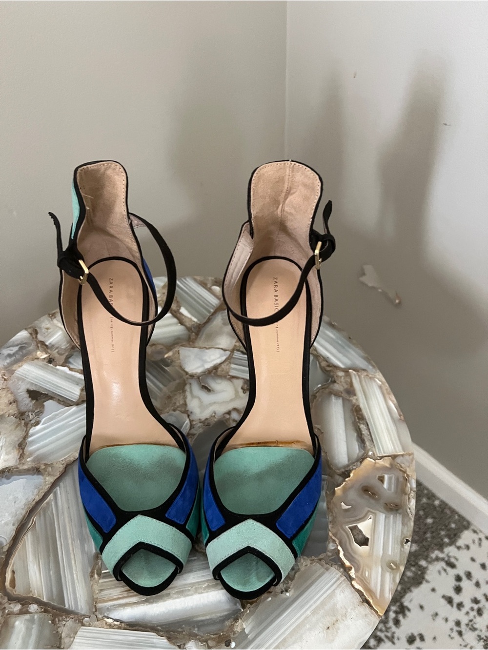 Zara Mint and Cobalt Suede Open-Toe Ankle Strap Heels